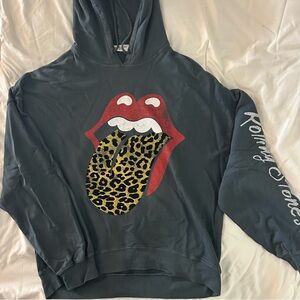 Free People DAYDREAMER Flocked Rolling Stones Hoodie Sweatshirt Gray Size Medium